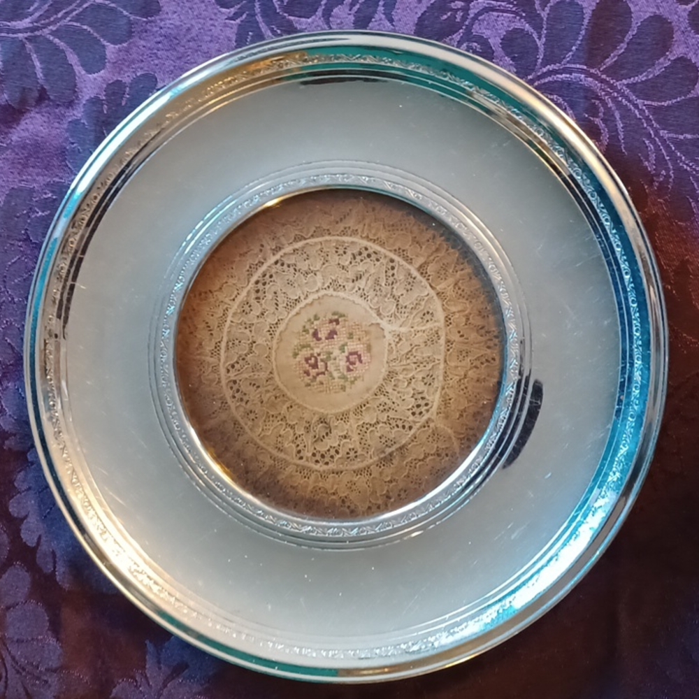 Vintage Farberware  Brooklyn NY tray with lace and needlepoint under glass